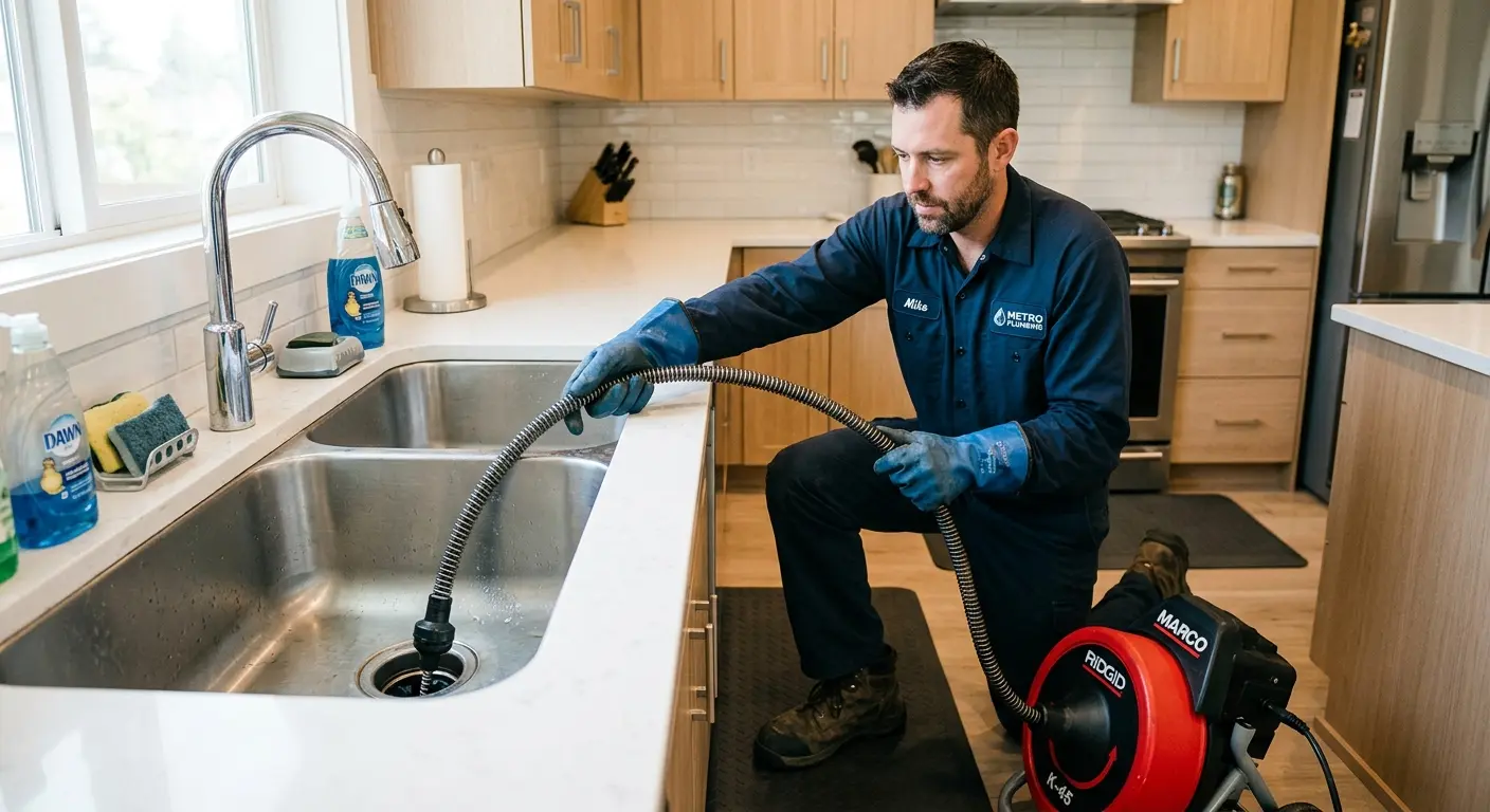 Drain cleaning technician using a motorized snake on a kitchen sink in Merrifield