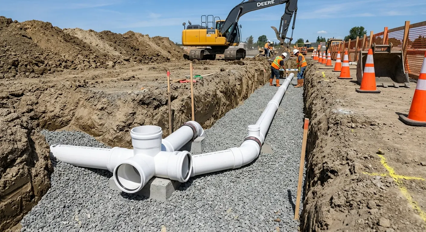 New PVC sewer pipe installation in open trench for Commercial Drain Cleaning in Merrifield