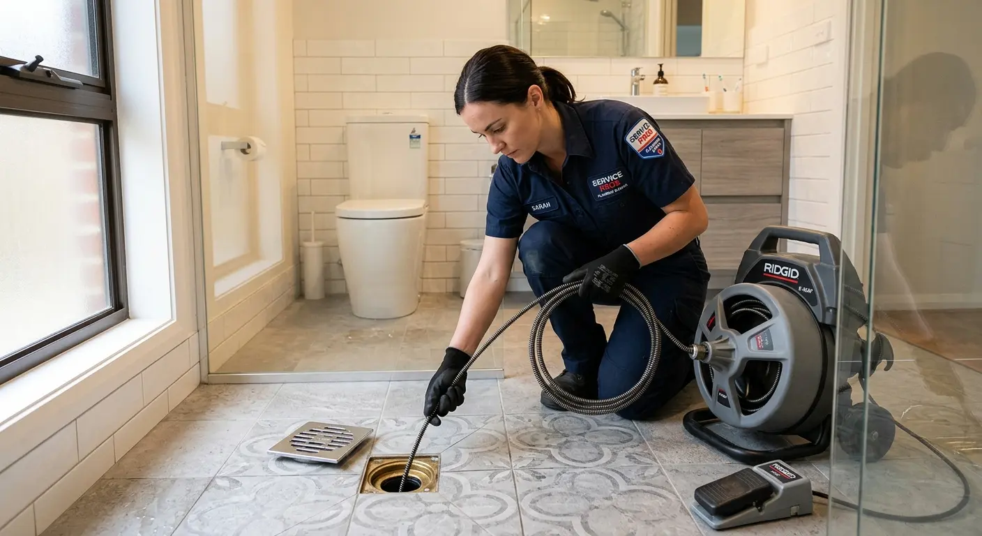 Technician clearing a bathroom floor drain for Hydro Jetting in Merrifield